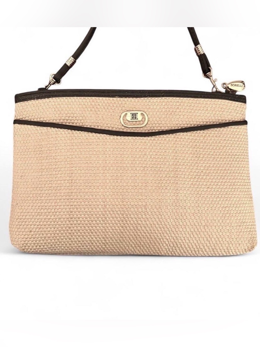 Vintage Woven Borelli Straw/Raffia Shoulder Bag with Black Trim